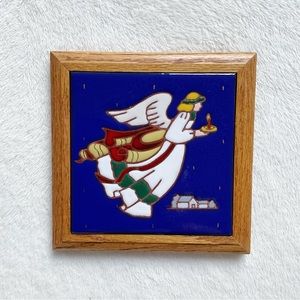 Siegel Arts Tile Angel Wall Art Vintage Ceramic Framed Folk Art Blue
